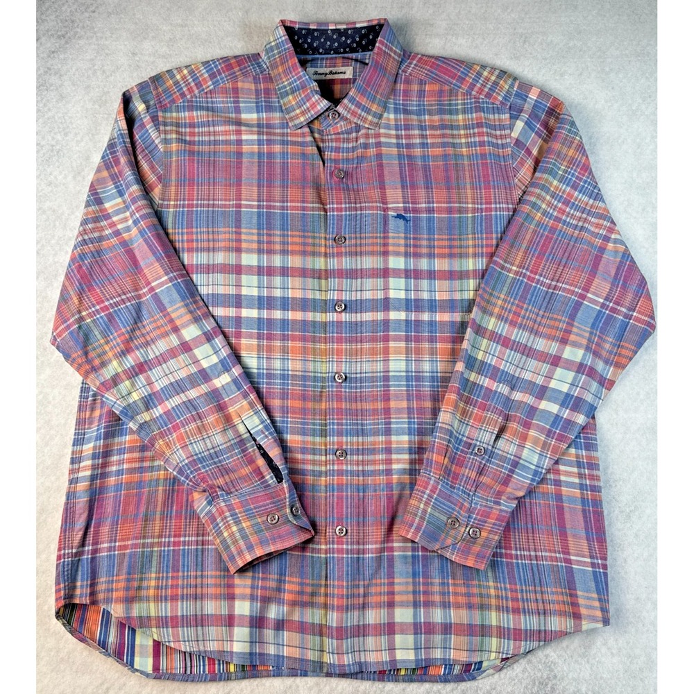 Tommy Bahama Mens Large‎ Silk Blend Plaid Madras Button Up Shirt
